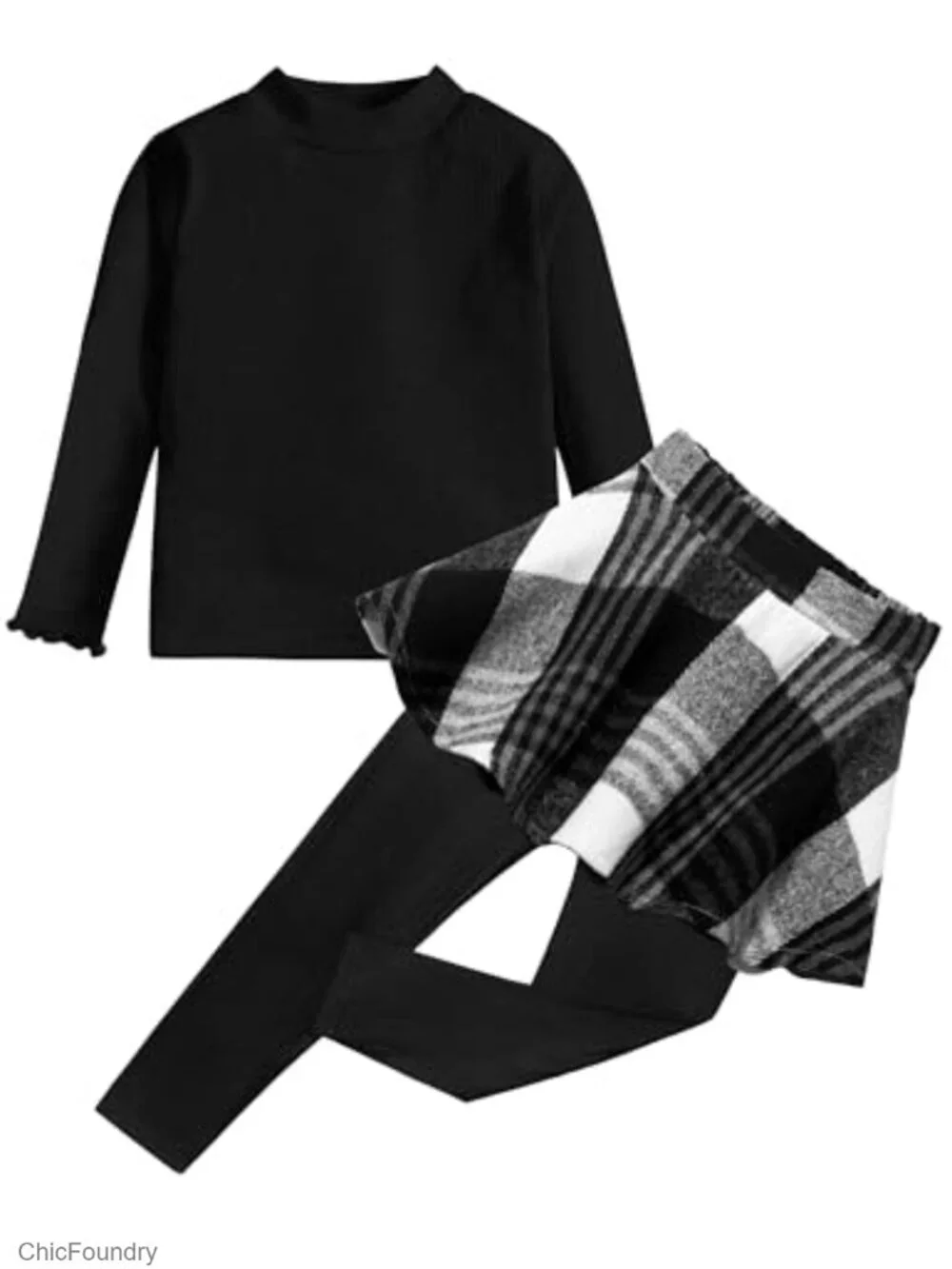 2Pc Girls Long Sleeve Knit Top & Plaid Skirt Leggings Set